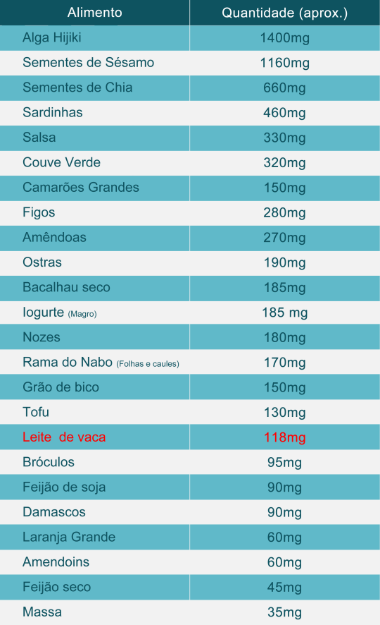 Alimentos Ricos em Cálcio - Tabela de Quantidades por Alimento